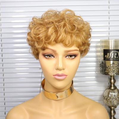 China Pixie cut EN low MOQ drop off SALE shipping 100% virgin remy human hair wig blonde curly short pixie wigs for sale