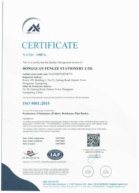 ISO9001 - Dongguan Fengze Stationery Ltd.