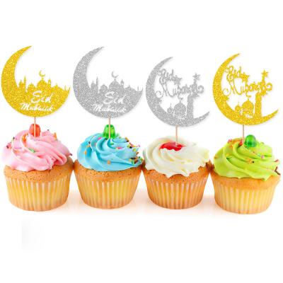 China Wholesale Sparkle Dazzling Eid Mubarak Cake Topper With Moon Cupcake Topper For Ramadan Kareem Party Wedding Favor Decorations for sale