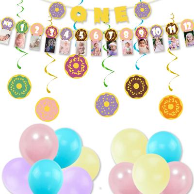 China Wall Decor Donut Baby Birthday Photo Banner Photo Props One Donut Banner Latex Balloons for Baby's First Birthday Baby Shower for sale