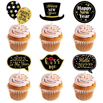 China 2022 Cake Topper Black And Cupcake Topper Hello 2022 Gold Kiss Me Cake Topper For New Year Table Cake Decoration for sale