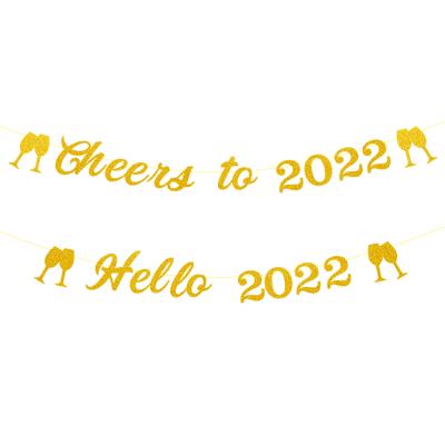 China Wall Decor Gold Glitter New Year Banner Cheers to 2022 Banner and Hello 2022 Banner for 2022 New Year Decorations for sale