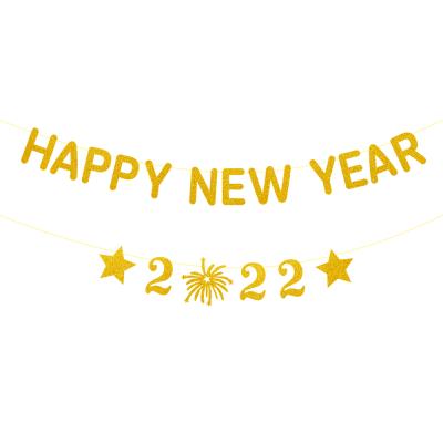 China Wall Decor Plant Gold Glitter Happy New Year 2022 Bunting Banner with Star and Fireworks for New Year Home Decor for sale