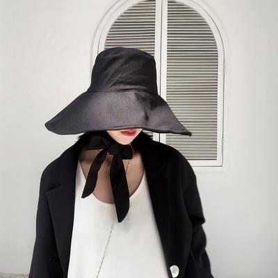 China Foldable Sun Hats Big Brim Big Picture Fisherman Hat Women Cotton Dome Round Bow Bandage Canvas Fishermen Hat for sale