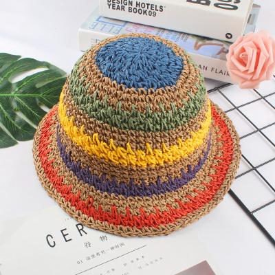 China Picture Bucket Hat Straw Made Rainbow Crochet Parent-Child Panama Hat Children Beach Sun Visor Female Hat for sale