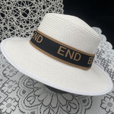 China High Quality Panama Woman Hat Seaside Vacation Hat Ladies Sun Brim Straw Hat Ribbon Letter Big Picture Raffia Hat for sale