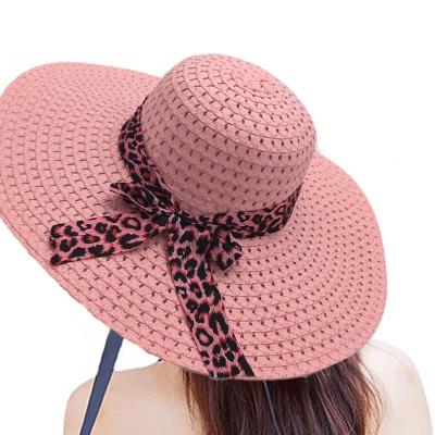 China Straw Hat Women Leopard Bowknot Big Brim Foldable UV Protection Sun Visor Hat Beach Summer For Picture Sun Hats for sale