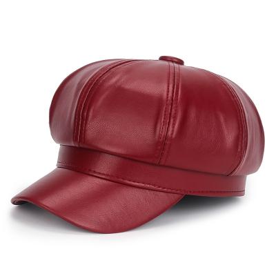 China Image Baker Boy Hat 2021 Fashion Ladies Women Leather Trim Baker Boy Peaked Cap Newsboy Hat for sale