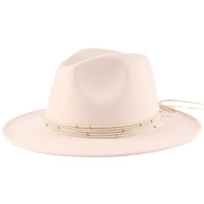 China Picture Fedora Hats 2021 Unisex Wide Brim PU Chain Band Felt Hats Jazz Hat Fedora Hat Men Women for sale