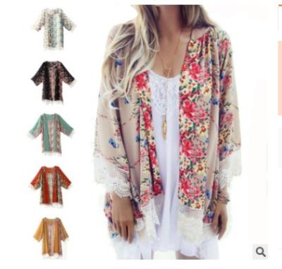 China New Women Anti-UV Beach Cover Up Floral Print Chiffon Kimono Loose Cardigan Coldker for sale