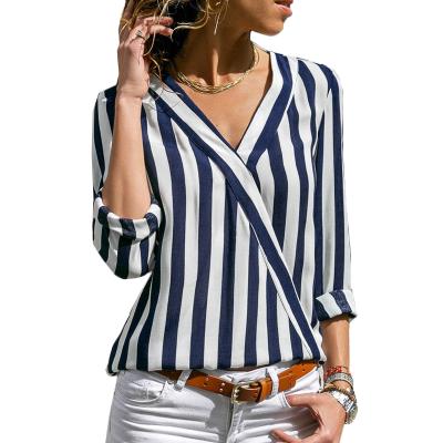 China Women's Anti-Pilling Striped V-Neckline Shirts Long Sleeve Casual Shirt Tops Blouse for sale