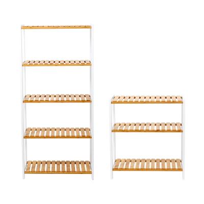 China Eco-friendy Multi-Layer Bamboo Shelving Standing 5-Tier Storage For Home Office Balcony Flower Shoe Rack for sale