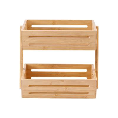 China Premium Stocked Countertop Organizer Bamboo Double Storage Fruit Basket Holder For Kitchen And Bathroom Shelf for sale