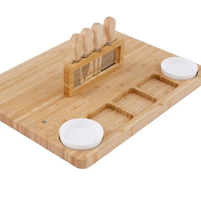 China Kitchen Sustainable Supplies Bamboo Cheese Board Three Holes Plates Cheese Tools Cooked Food Tray Cutlery Set for sale