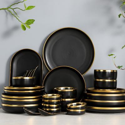 China Nordic Stocked Matte Black Dinnerware Set with Gold Rim Hot Sales Ceramics Plates and Bowls Set Dinnerware AWS8035 for sale