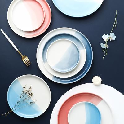 China Ceramic Dish Matte Tableware Round Gradient Color Gray Pink Wedding Dinner Plates blue Nordic Style Steak Viable AWS8027 for sale