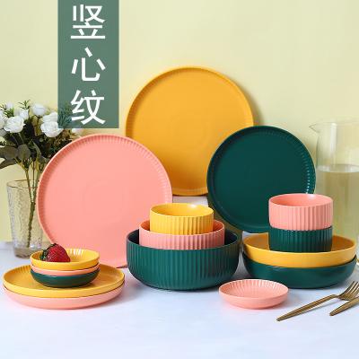 China Nortic Bowls And Stocked Plates Solid Color Gloss Matte Ceramic Vertical Stripes Embossed Dinnerware Set AWS110072 for sale