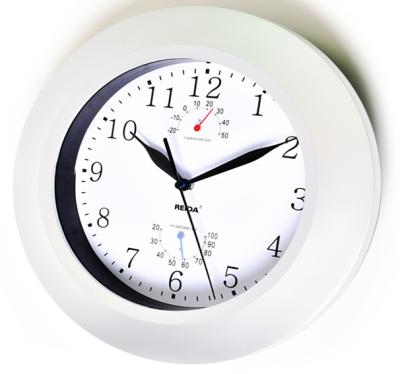 Κίνα BRIEF plastic wall clock round modern white plastic quartz wall clock with temperature and humidity living room CE and ROHS WHITE BOX προς πώληση