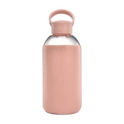 中国 Sustainable Reusable 500ml Borosilicate Fruit Infusing Double Wall Glass Water Bottles With Silicone Lid 販売のため