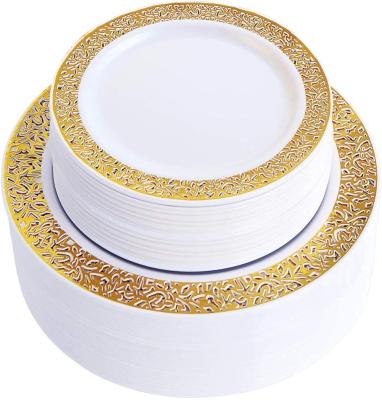 China Lace Design Wedding Party Disposable Plastic Plates Fancy Salad Bowls And Appetizer Dishes For All Holiday Occasions Gold for sale