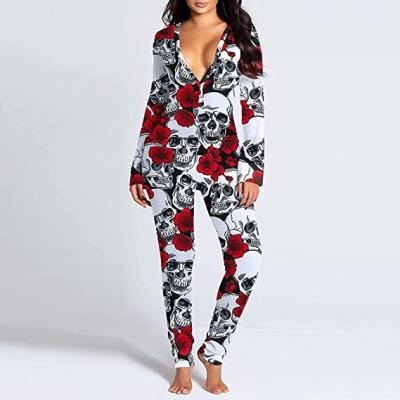 China QUICK-DRY adult pajamas Halloween autumn and winter button printing home service women's long-sleeved overalls for sale