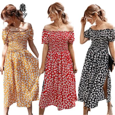 China 2021 Fashion Breathable Casual Off-Shoulder Pleated Floral Dress Ladies Summer for sale