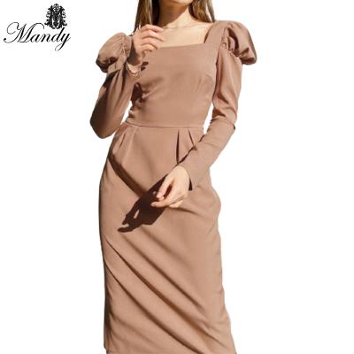 China 2021 New Round Neck Breathable Casual Square Bubble Elegant Dress Female Long Sleeve Autumn And Winter for sale