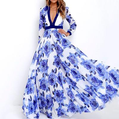 China Women's Plus Size Fashion Casual V-Neckline Anti-Static Printed Dress Long Sleeve Elegant Even Dress for sale