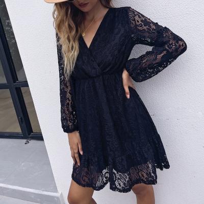 China New Style Ladies Corset Dress Anti-static Black Long Sleeve Lace Semi-Permeable Casual Dress for sale