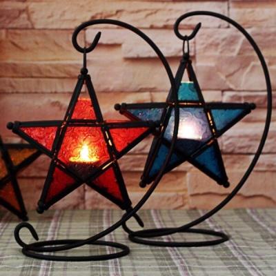 China Light Windproof Candle Holder Party Ramadan Gift Glass Hanging Wrought Iron Star Wind Home Five-pointed Muslim Islamic Metal for sale