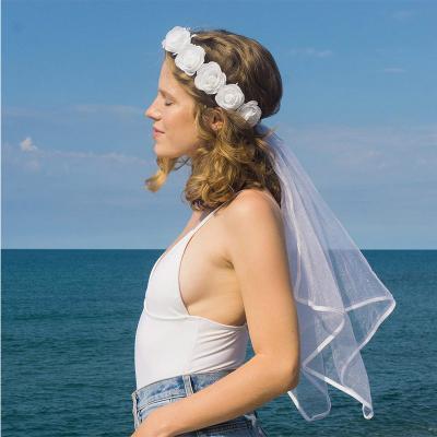 China Mesh Bachelorette Party Bride To Be Flower Headband Boho Flower Crown Veil Bridal Shower Veil for sale