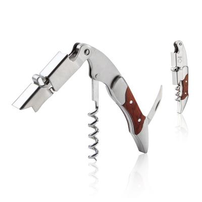 China Premium 3 in 1 Custom Engraved Logo Corkscrew Wood Handle Double Hinge Server Corkscrew Wine Bottle Opener Stainless Steel Corkscrew for sale