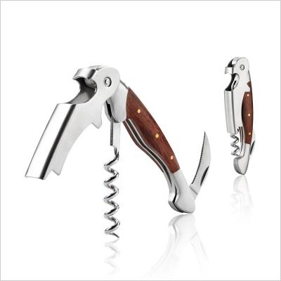 China Premium 3 in 1 Seahorse Red Wine Bottle Opener Portable Stainless Steel Rose Wood Handle Single Hinge Openers Foils Corkscrew for sale