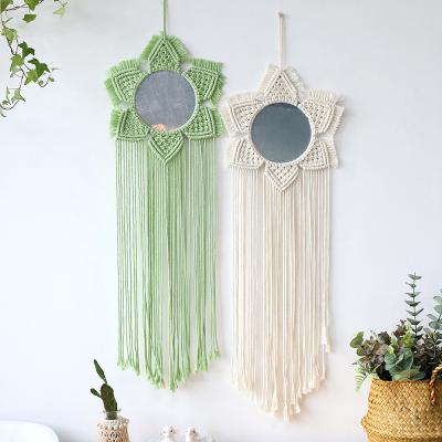 China Art Decor Boho Cotton Green beige hand - home decor woven round macrame wall hanging mirror for sale