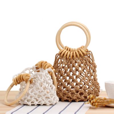 China Handmade Woven Macrame Tote Bucket Bag Art Decor Women Cotton Beach Multicolor Boho Style for sale