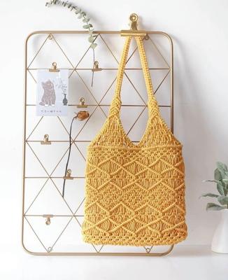 China Natural Art Decor Chic Yellow Cotton Hand & Woven Gift Women Beach Macrame Tote Handbag Bucket Bag for sale