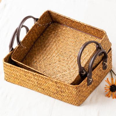 China Art Decor Vietnam Bohemian Handmade Home Plant Plankton Storage Tray with Handles Woven Bread Basket for sale