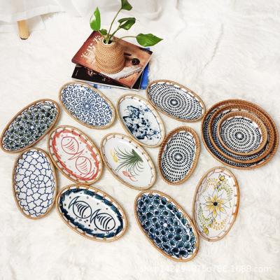 China Mordern New Design Handmade Woven Ceramic Bread Wicker Storage Fruit Dishes for sale