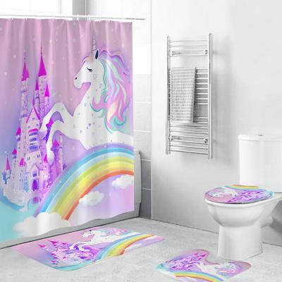 China Sustainable Waterproof Unicorn 3D Printed Polyester 4 Piece Set Bathroom Cover And Shower Curtain for sale