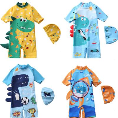 China Breathable Beach Boys One-Piece With Hat Cartoon Dinosaur Printing Swim Trunks Boys Swimwear Quick-drying Baby Swimwear for sale