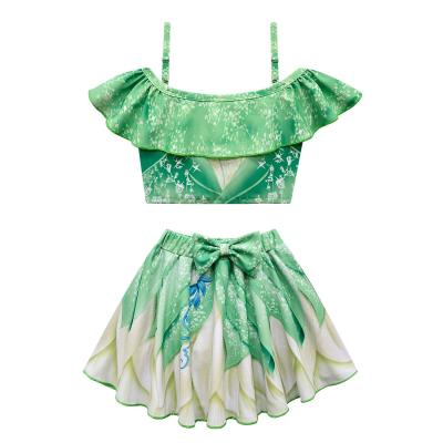 China Breathable Princess Swimsuit Green Color Tiana Kids Girl Swimwear and Beachwear 2 Piece Straps Ruffle Bikini Swimwear for sale