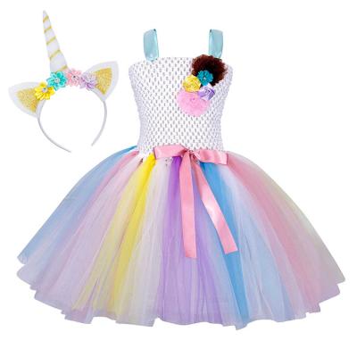 China Unicorn Rainbow Girls Tutu Outfits Tulle Fancy Sleeveless Eco-friendly Fluffy Dress Materials Birthday Party Costumes for sale