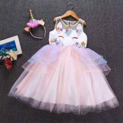 China Eco-Friendly Materials Wholesale Unicorn Ruffles Girl Clothing Birthday Party Summer Lace Flower Girls Costume Girls Dress for sale