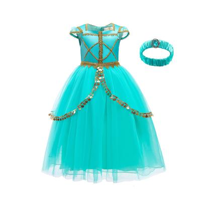 China Polyester Cosplay Princess Jasmine Girl Dress Kids Princess Fancy Costume with Headband for sale