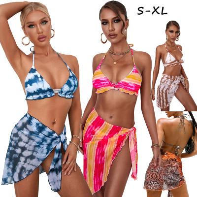 China Wholesale Summer 2022 Sexy 3 Piece Bikini Set Fashion Print Crop Top Cover Up Swimwear Beach For Women for sale