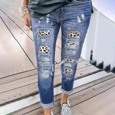 China Wholesale Custom Women Breathable Destroyed Stretch Friend Leopard Print Jeans Female Ripped Jeans Pants for sale