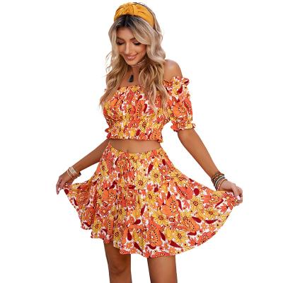 China New Arrivals Boho Floral Print Anti-pilling Women 2 Piece Outfits Off The Shoulder Skirt Two Piece Set Set for sale