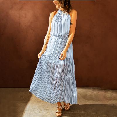 China Women Maxi Casual Halter Sleeveless Cut Dresses 2022 Summer Anti-Static Fashion Long Out of Pleat Maxi Dress for sale