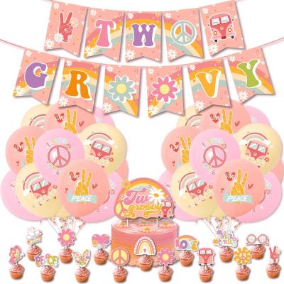 China Yellow-Orange Boho Occasion Party Birthday Decoration Hippie Themed Banner Pink Latex Balloons Cake Topper Set for sale