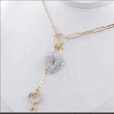 China Europe and America Hot Fashion Diamond Heart Cutout Key Shining 24K Gold Long Full Plated Cable Chain Necklace Pendant Women for sale